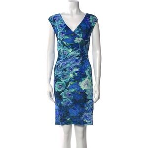 Roberto Cavalli V Wrap Neck Blue Rose Floral Nylon Stretch Dress